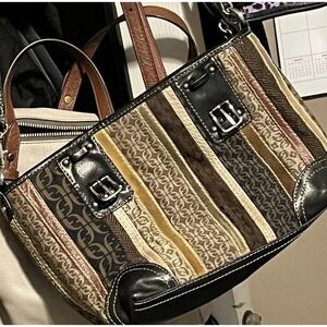 Fossil Patchwork Shoulder Bag Brown Tan Gold Jacquard Logo Suede Leather Buckle